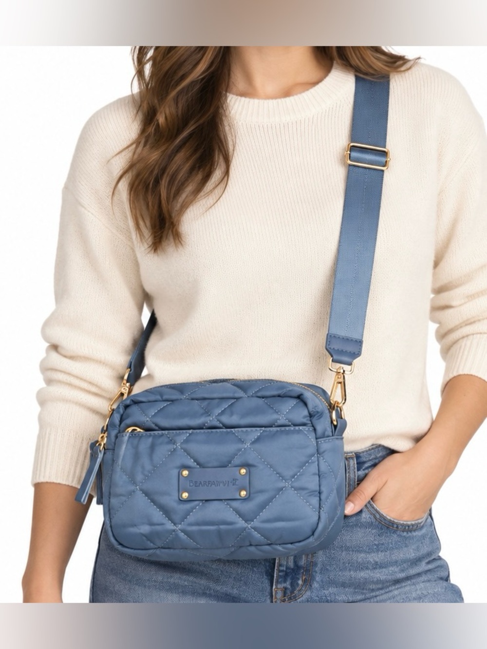 NWT - Bearpaw Quilted Nylon Camera Crossbody Bag Denim Blue